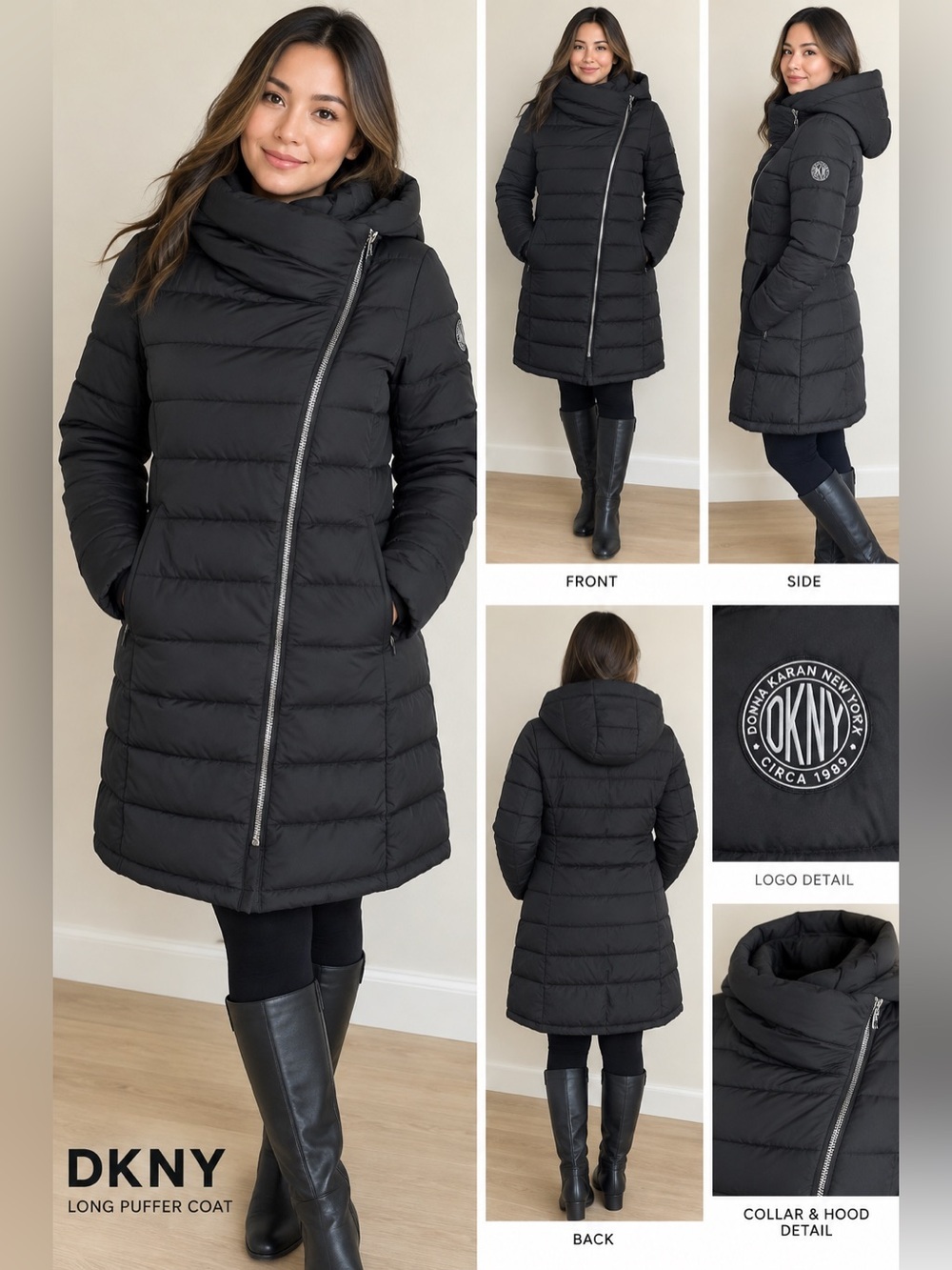 DKNY Black Hooded Long Puffer Coat Size M Asymmetrical Zip Winter Jacket